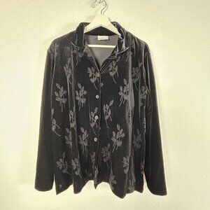 Hot Cotton By Marc Ware Womens Black Leaf Pattern Velvet Button-Up Shirt Large